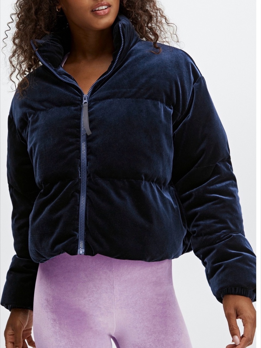 Fabletics Wander Velour Blue Cropped Puffer Jacket
